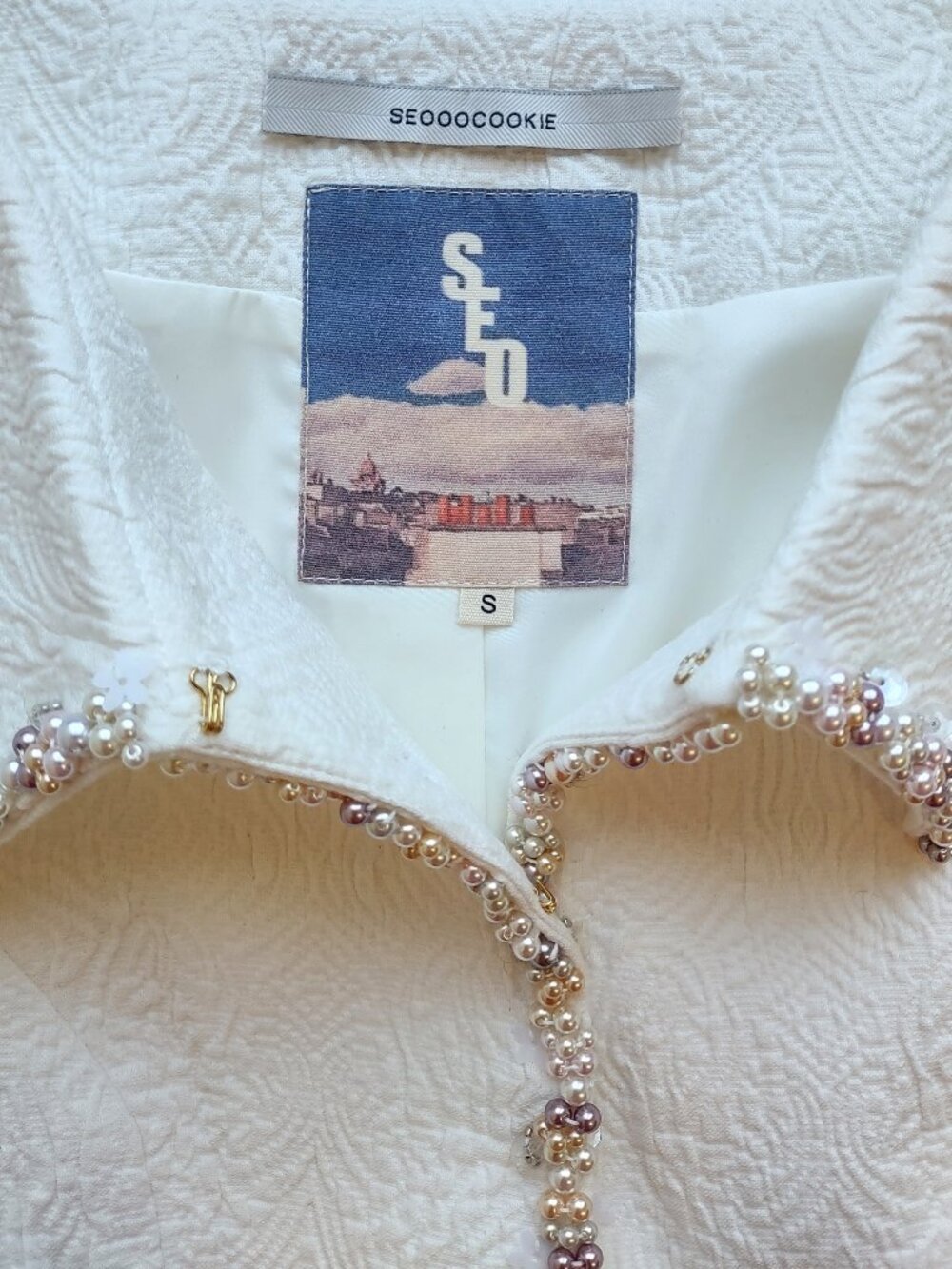 Seooocookie Maria Handmade Pearl Jacket Size Small Crop Cream Feminine K-Fashion - Picture 9 of 11